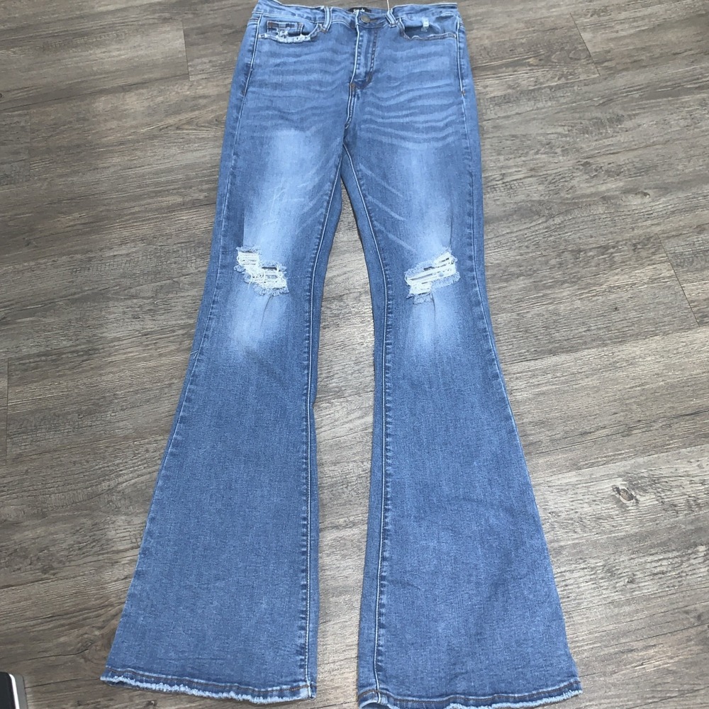 Simple Society Womens High Rise Distressed Flare Jeans Light Wash Size 9/29